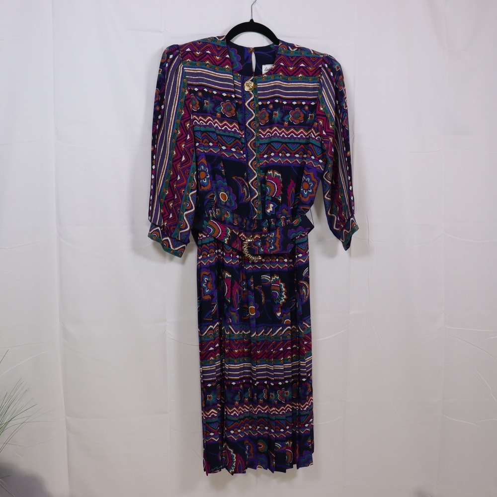 Lady Carol Petites Abstract Dress 8 Multicolor Womens Vintage Belted Midi‎